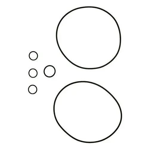 Grafische Darstellung von Dichtungen in verschiedenen Größen, möglicherweise für eine Grundfos-Pumpe. Enthält große und kleine ovale sowie runde Formen.