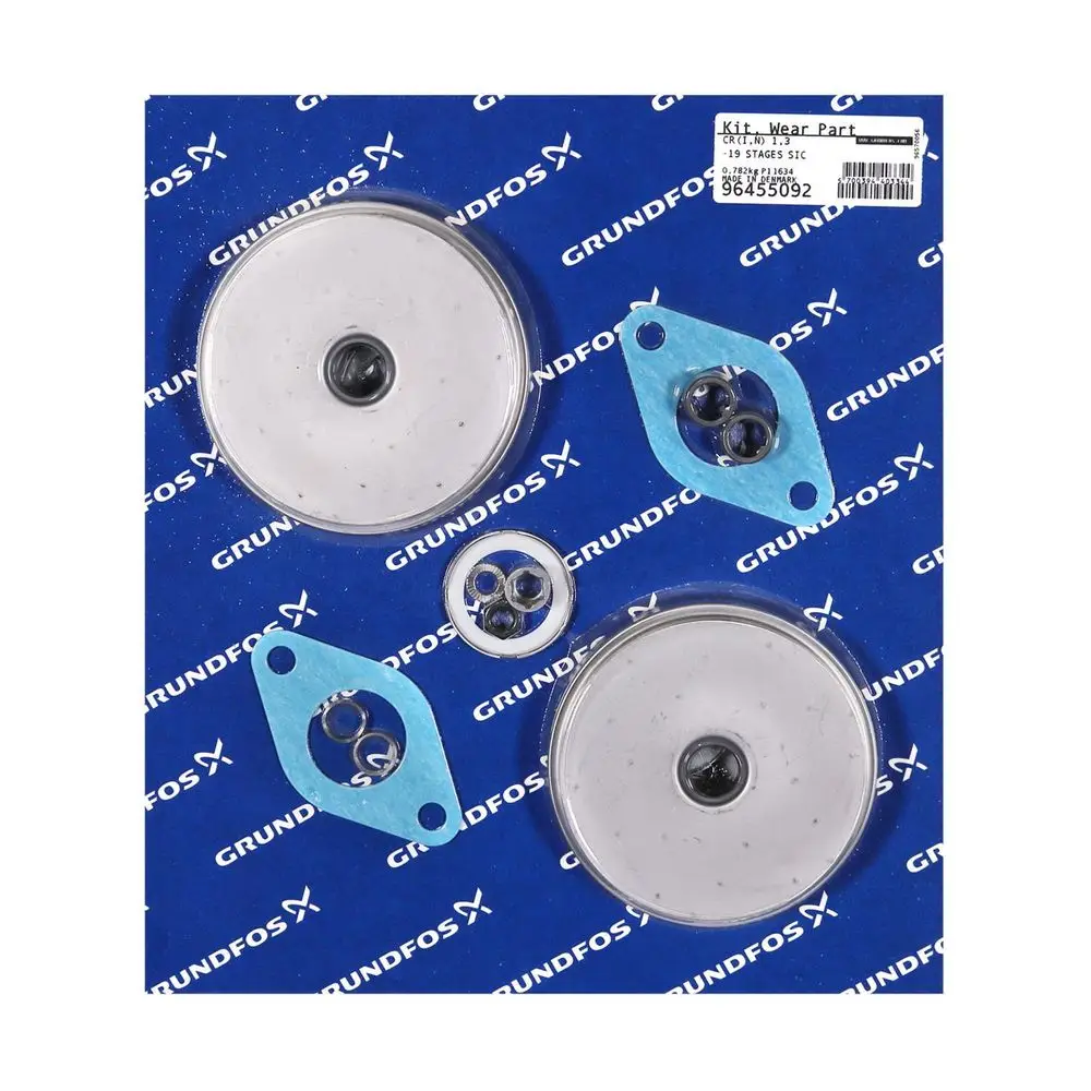 Grundfos Ersatzteilset mit mehreren Dichtungen und Gasket-Packs auf blauer Trägerfolie, dient zum Austausch von Verschleißteilen.