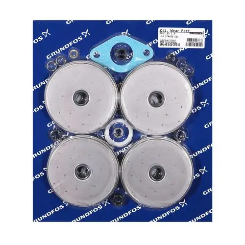 Grundfos Ersatzteil Kit mit vier runden Dichtungen und einer blauen Dichtung, verpackt auf einer blauen Trägerfolie mit Grundfos-Logo.