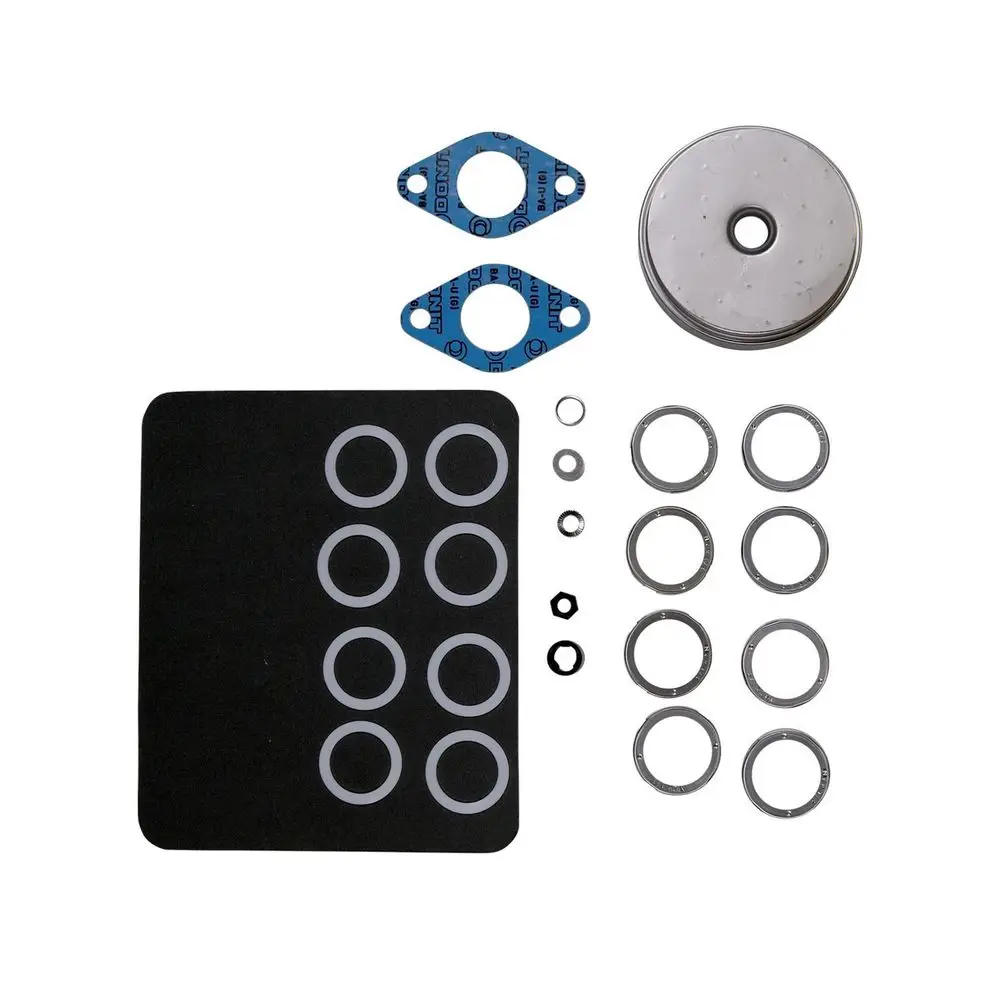 Ersatzteil-Kit von Grundfos mit verschiedenen Dichtungen, O-Ringen und Flanschen, angeordnet auf schwarzem Untergrund. Enthält Komponenten für Wartungszwecke.