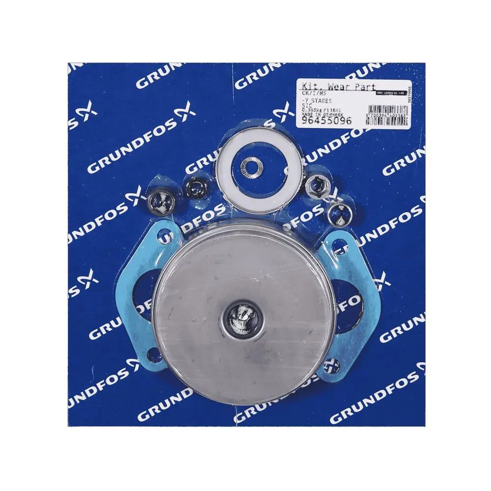 Ersatzteil-Set von Grundfos, bestehend aus mehreren Komponenten auf blauer Verpackung, geeignet für spezifische Pumpenmodelle, klar strukturiert und fixiert.