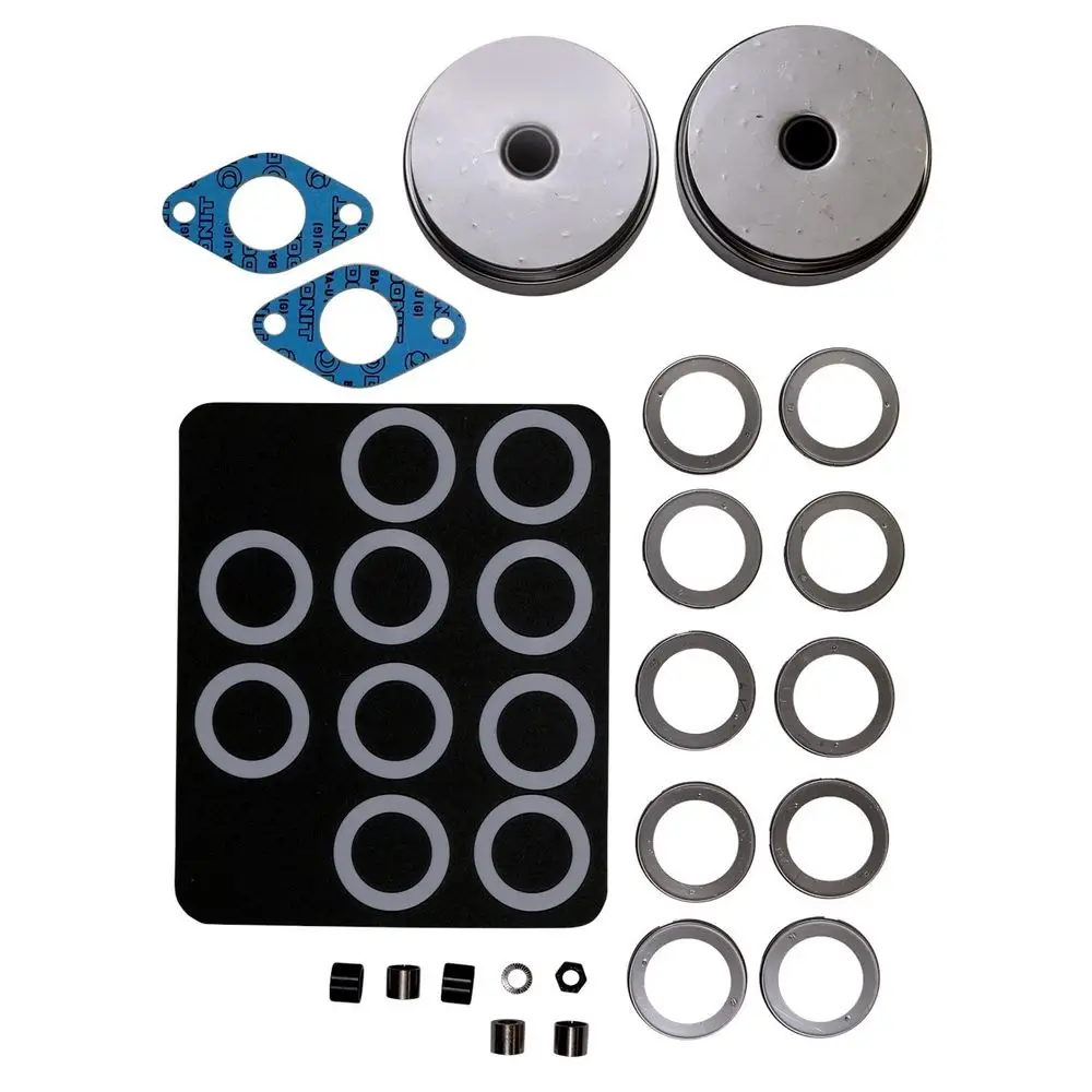 Zwei Metallzylinder, mehrere Dichtungen, Gasket-Dichtungen und andere kleine Teile in einem Set für Grundfos-Pumpen, angeordnet auf schwarzem Hintergrund.