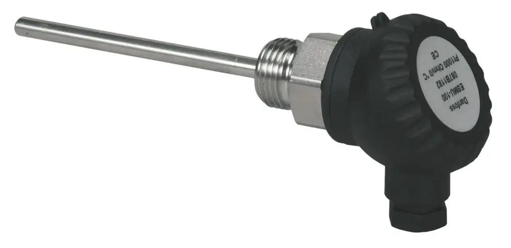 Edelstahl-Tauchfühler mit einer langen Sonde und einem schwarzem Anschluss, hergestellt von Danfoss, zur Temperaturmessung in Heizsystemen.