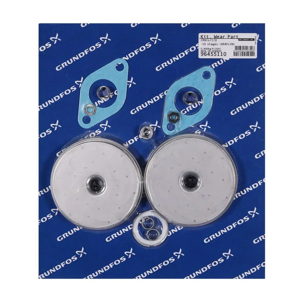 Grundfos Ersatzteilset mit zwei runden Dichtungen und mehreren O-Ringen, verpackt auf einer blauen Unterlage mit dem Grundfos Logo.
