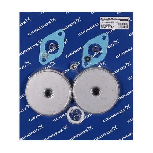 Grundfos Ersatzteilset mit zwei runden Dichtungen und mehreren O-Ringen, verpackt auf einer blauen Unterlage mit dem Grundfos Logo.