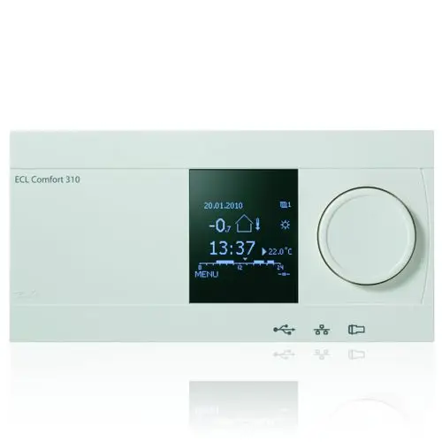 Elektronischer Regler mit digitalem Display, Temperaturanzeige und Einstellrad, hergestellt von Danfoss. Funktionen zur Regelung von Temperatur und Heizsystemen.