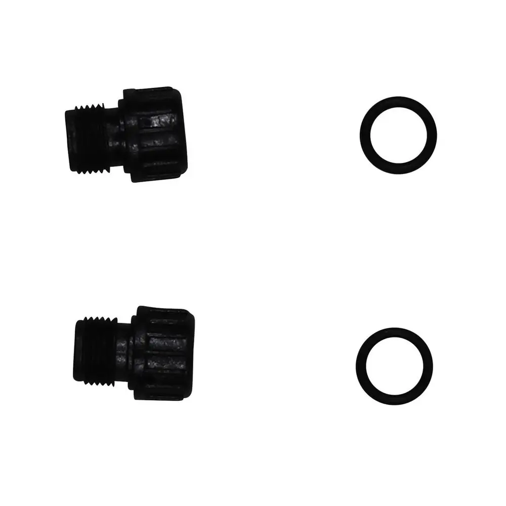 Zwei schwarze Stopfen mit Gewinde und zwei schwarze O-Ringe, die als Ersatzteile für Grundfos Produkte wie MQ-Kits verwendet werden können.