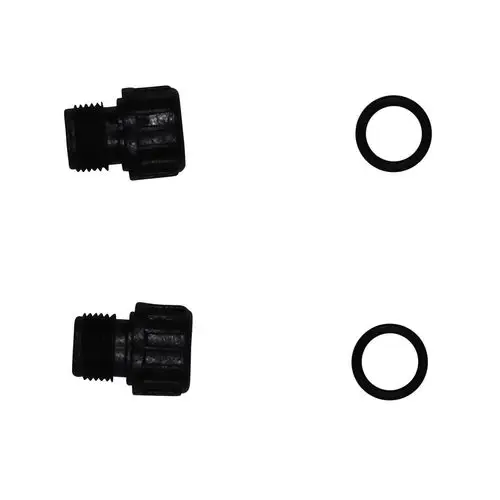 Zwei schwarze Stopfen mit Gewinde und zwei schwarze O-Ringe, die als Ersatzteile für Grundfos Produkte wie MQ-Kits verwendet werden können.