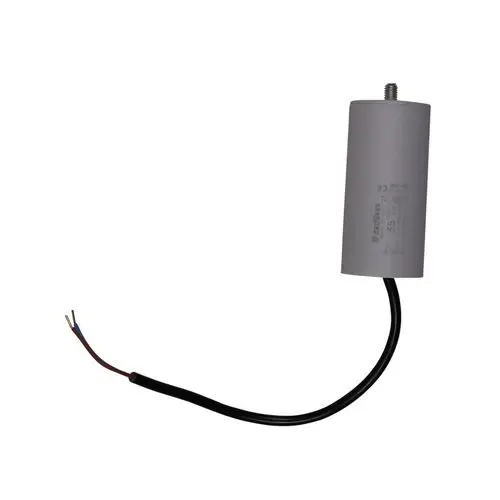 Kondensator mit angeschlossenen Drähten, erkennbar durch die graue Gehäusefarbe. Teil von Grundfos-Produkten zur Unterstützung der Funktionalität.