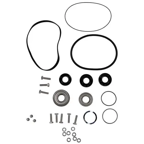 Ersatzteil-Kit von Grundfos mit mehreren O-Ringen, Schrauben, Dichtungen und Lagern, angeordnet auf weißem Hintergrund.