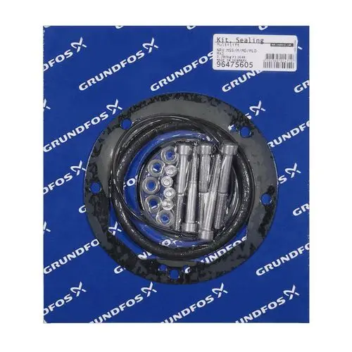 Dichtungs-Kit von Grundfos, enthalten sind diverse Dichtungen und Schraubenelemente, verpackt auf einer blauen Unterlage mit Grundfos-Logo.