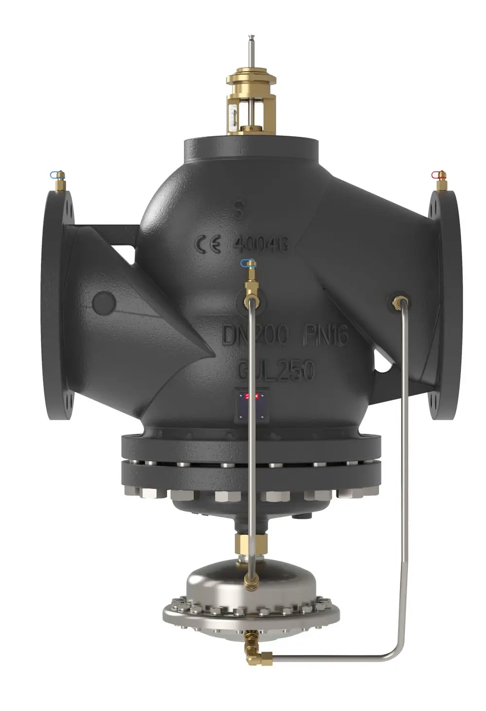 Automatisches Kombiventil von Danfoss mit Flanschanschluss, ausgelegt für hydraulische Anwendungen, Abflussmöglichkeiten und Steuerung von Durchflussmengen.