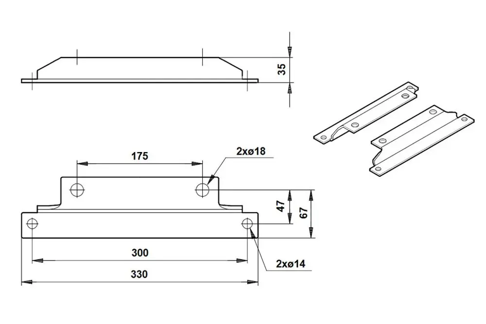 Montageplatte von Grundfos für Trockenläuferpumpen; schematische Darstellung mit Abmessungen und Bohrlöchern für die Befestigung von Doppelpumpen der TPD Serie.