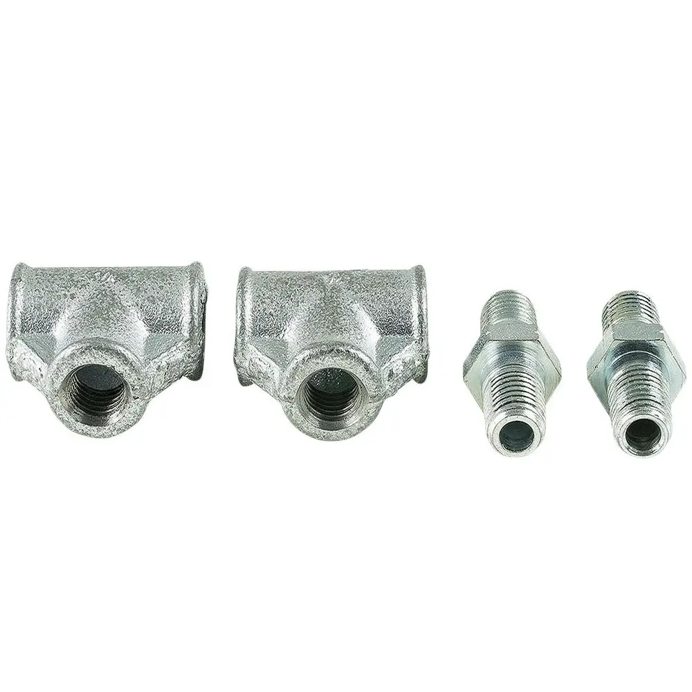 Zwei Metallrohrverbinder mit Innengewinde und zwei weitere Metallanschlüsse, alle in silberner Farbe, für Grundfos-Pumpensysteme.