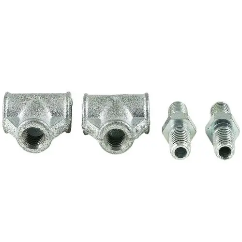 Zwei Metallrohrverbinder mit Innengewinde und zwei weitere Metallanschlüsse, alle in silberner Farbe, für Grundfos-Pumpensysteme.