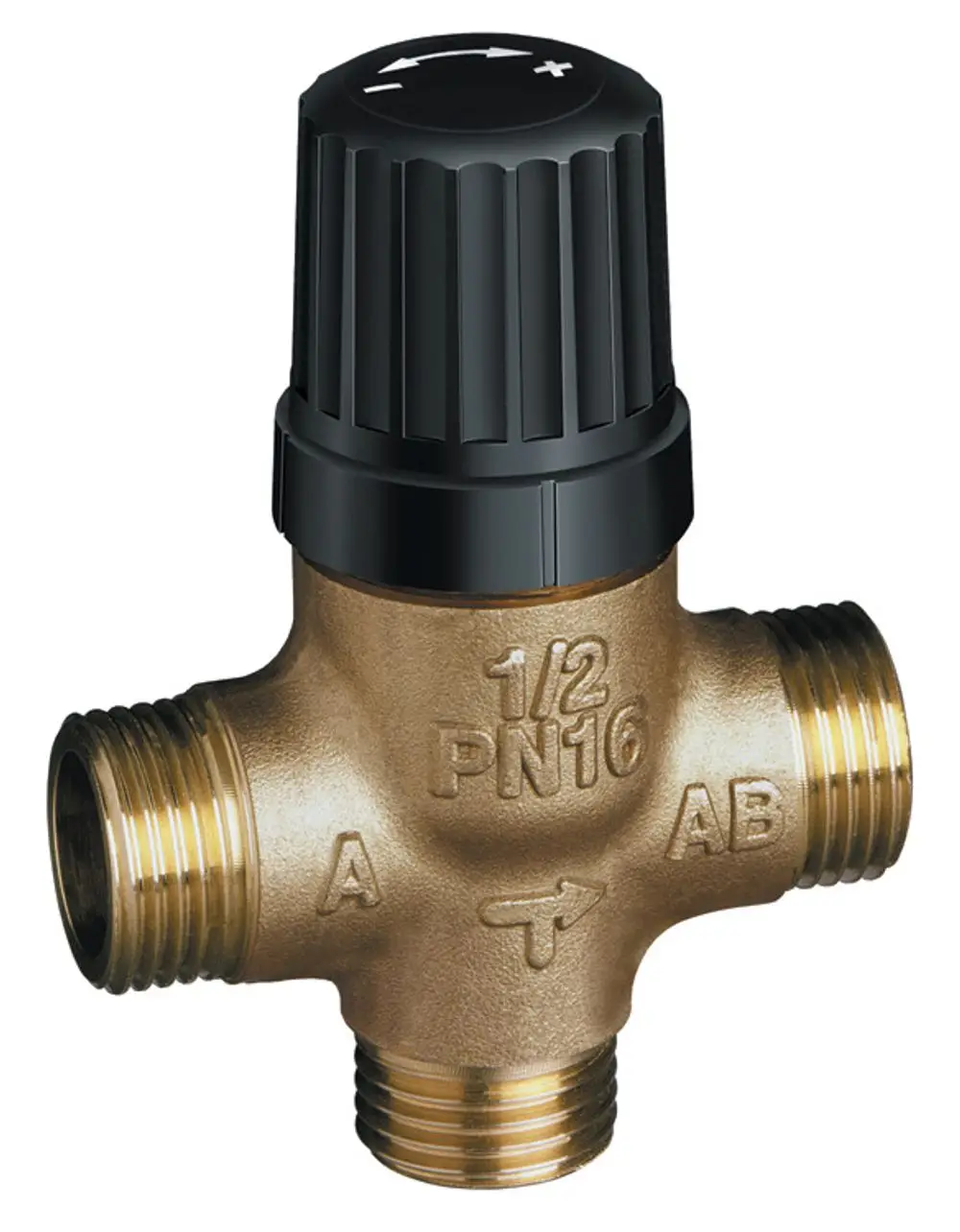 3-Wege-Ventil von Danfoss mit schwarzem Einstellknopf und drei Anschlussgewinden. Gezeigt ist die Produktansicht mit Beschriftungen an den Anschlüssen.