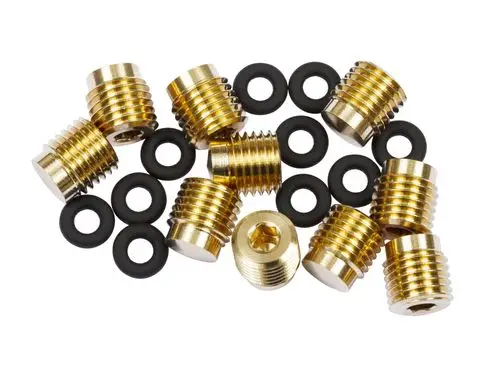 Zwei Reihen goldfarbener Verschlussstopfen und schwarze O-Ringe. Teile sind für Danfoss-Produkte geeignet und liegen in einer chaotischen Anordnung auf einem weißen Hintergrund.