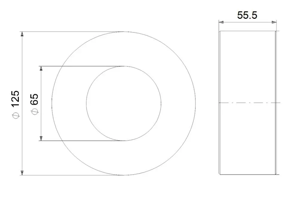 Zirkuläres Grundfos-Zubehörteil mit einem äußeren Durchmesser von 125 mm und einem inneren Durchmesser von 65 mm, sowie einer Höhe von 55,5 mm, abgebildet in Draufsicht und Seitenansicht.