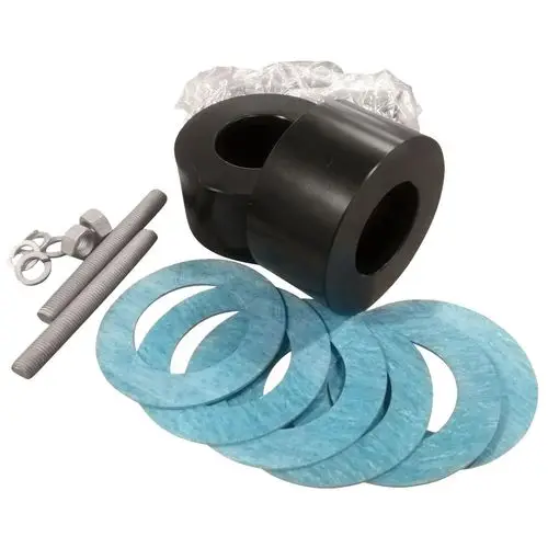 Grundfos Zubehör für Umwälzpumpen, bestehend aus einem schwarzen Ausgleichsstück und mehreren blauen Dichtungsringen, sowie Montage-Bolzen und Unterlegscheiben.