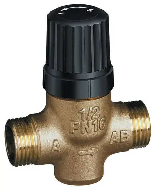 Durchgangsventil von Danfoss mit schwarzem Einstellknopf und zwei seitlichen Gewindeanschlüssen für Rohrverbindungen, zur Regelung des Durchflusses.
