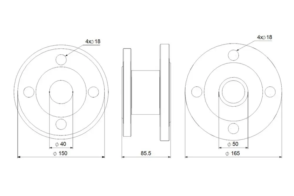 Technische Zeichnung eines GRUNDFOS Zubehörs für Umwälzpumpen. Die Ansicht zeigt Maße und Bohrungen eines Ausgleichsstücks.