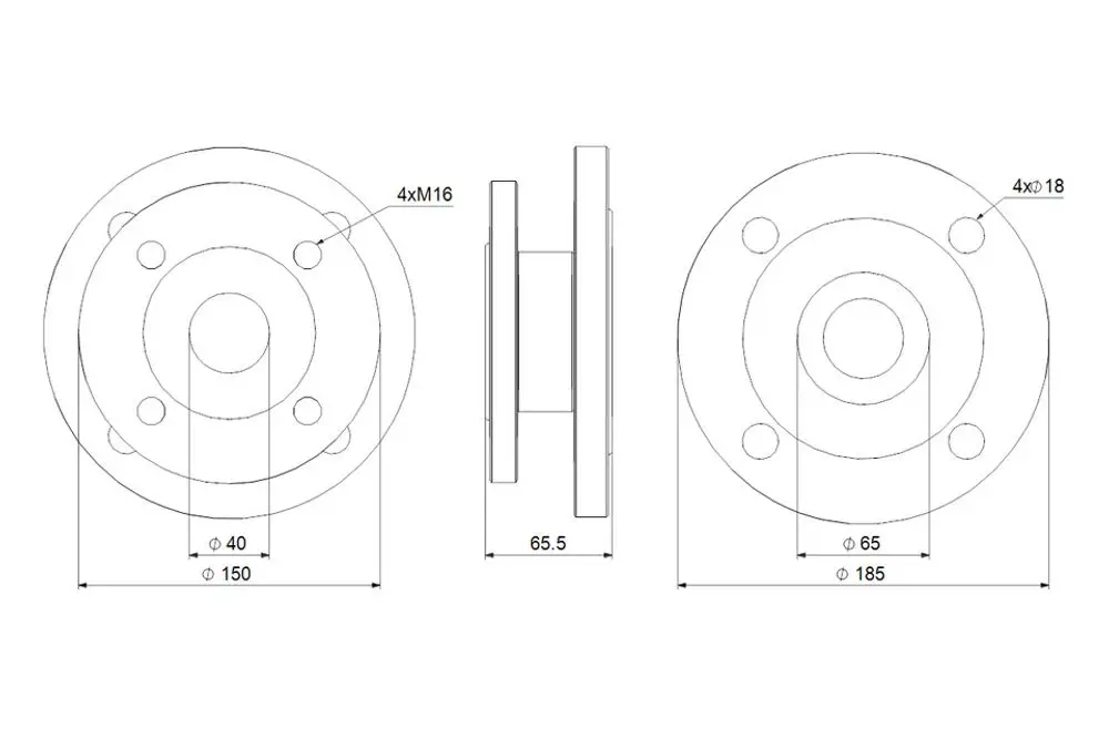Grundfos Zubehör für Umwälzpumpen mit zwei Flanschen, einem mittleren Teil und mehreren Bohrungen für die Montage. Maße und Details sind im technischen Zeichnungsformat dargestellt.