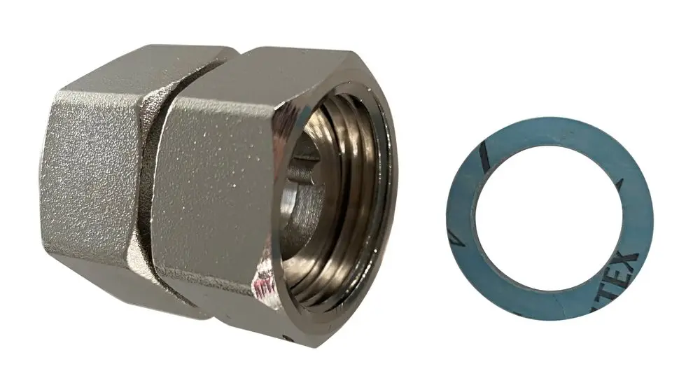 Danfoss Anschlussverschraubung mit Innengewinde und einer blauen Dichtung. Die Komponenten sind aus Metall und dienen zur Verbindung von Rohren oder Leitungen.