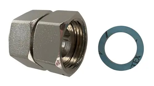 Danfoss Anschlussverschraubung mit Innengewinde und einer blauen Dichtung. Die Komponenten sind aus Metall und dienen zur Verbindung von Rohren oder Leitungen.