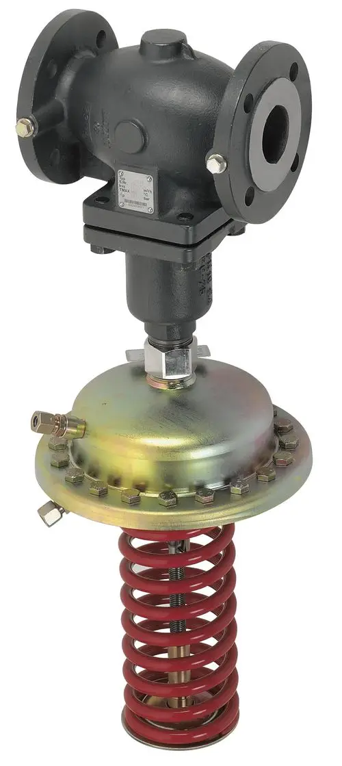 Antrieb von Danfoss für Druckminderer, ausgestattet mit einer Metallkonstruktion und einer roten Spiralfeder, zur Regelung des Drucks in hydraulischen Systemen.