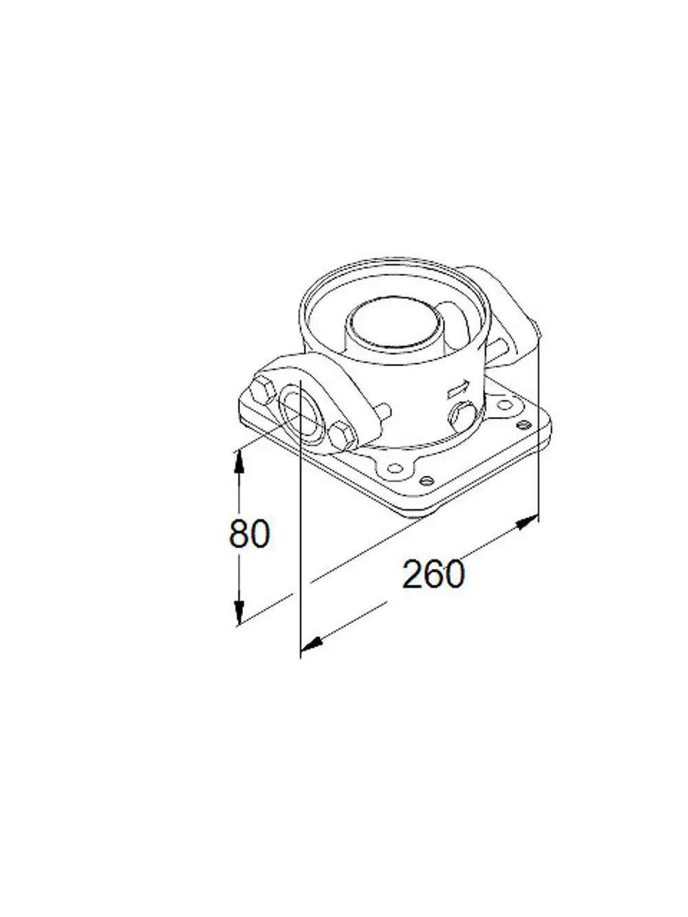 Zeichnung eines Grundfos Zubehörs für vertikale Kreiselpumpen mit ovalem Flansch. Technische Details und Abmessungen sind abgebildet.