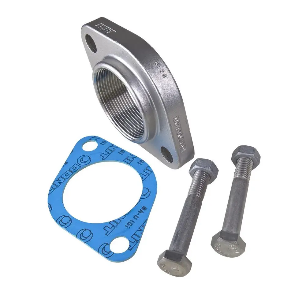 Ovalflansch aus Metall mit Gewinde und zwei dazugehörigen Schrauben. Ein blauer Dichtungsring liegt neben dem Flansch. Grundfos Zubehör für Pumpeninstallation.