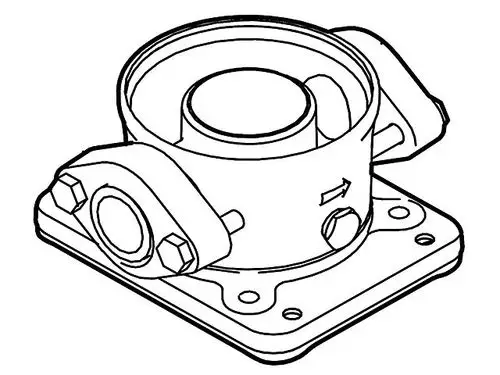 Ovalflansch für vertikale Kreiselpumpen von Grundfos, mit integriertem Anschluss und Bolzenlöchern zur Befestigung, zur Verwendung bei hydraulischen Systemen.