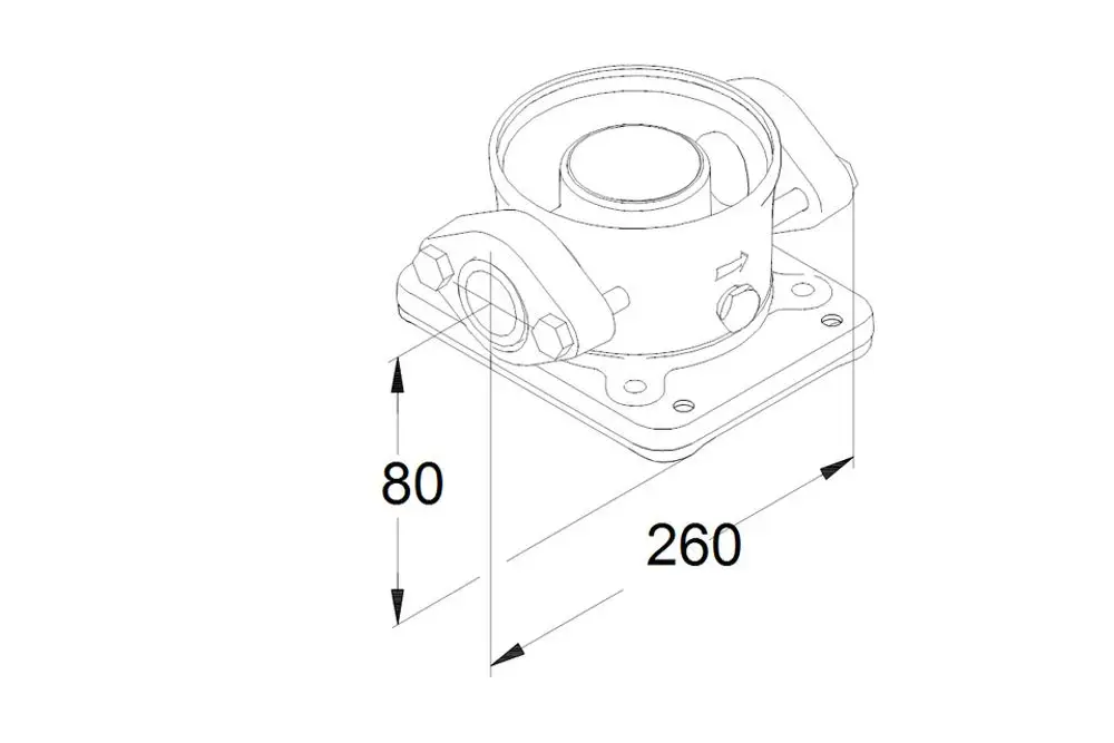 Zeichnung eines Zubehörteils von Grundfos für vertikale Kreiselpumpen, ovaler Flansch, mit sichtbaren Anschlussbereichen und klaren Dimensionen in der Draufsicht.
