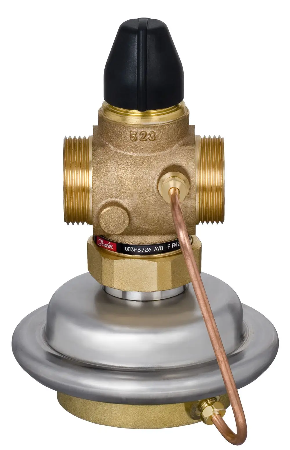 Brass volume flow regulator by Danfoss with a visible adjustment knob, copper tube, and multiple connection points for fluid systems.