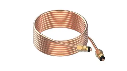 Kupferrohr in spiralisierter Form mit zwei Anschlussmöglichkeiten, präsentiert als Steuerleitungssatz von Danfoss.