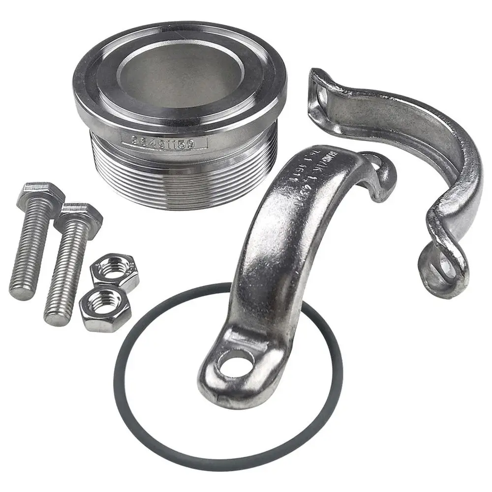 Grundfos Zubehör für Pumpenanwendungen, bestehend aus einem Metalladapter, einer Halterung, Schrauben, Unterlegscheiben und einem O-Ring.