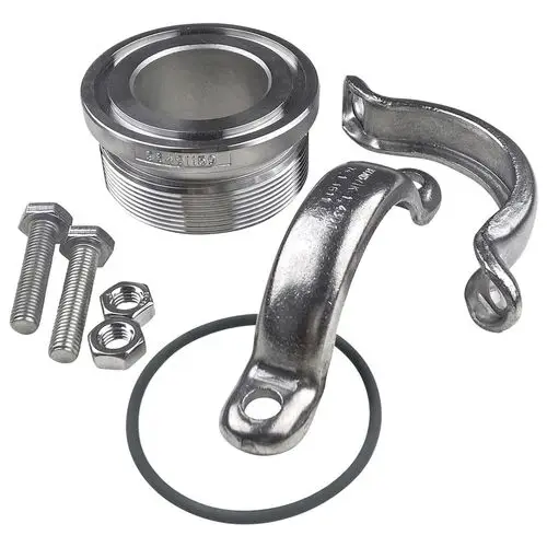 Grundfos Zubehör für Pumpenanwendungen, bestehend aus einem Metalladapter, einer Halterung, Schrauben, Unterlegscheiben und einem O-Ring.