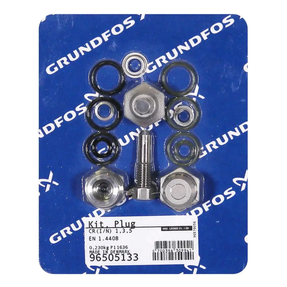 Ersatzteilset von Grundfos mit verschiedenen Dichtungen, Schrauben und einer Stopfen. Verpackt auf blauer Hintergrundkarte mit Produktinformationen.