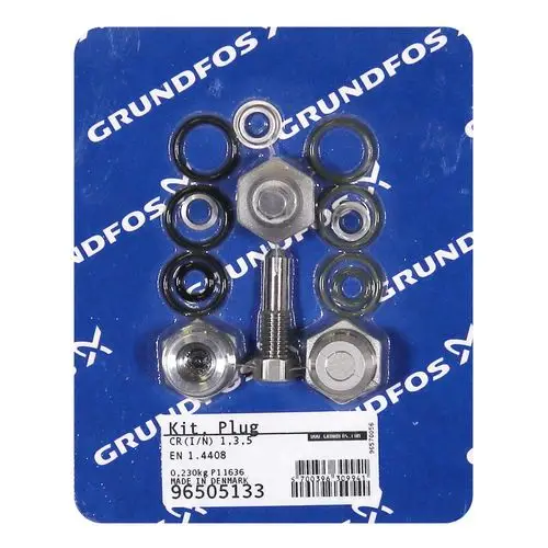 Ersatzteilset von Grundfos mit verschiedenen Dichtungen, Schrauben und einer Stopfen. Verpackt auf blauer Hintergrundkarte mit Produktinformationen.