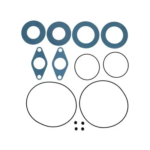 Dichtungsset von Grundfos mit mehreren blauen Dichtungen und schwarzen O-Ringen, assortierte Formen und Größen, angeordnet auf weißem Hintergrund.