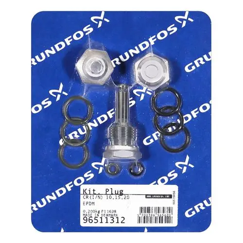 Grundfos Ersatzteilset mit verschiedenen O-Ringen, einem Stopfen und zwei Metallmuttern auf blauer Verpackung. Geeignet für spezifische Pumpenmodelle.