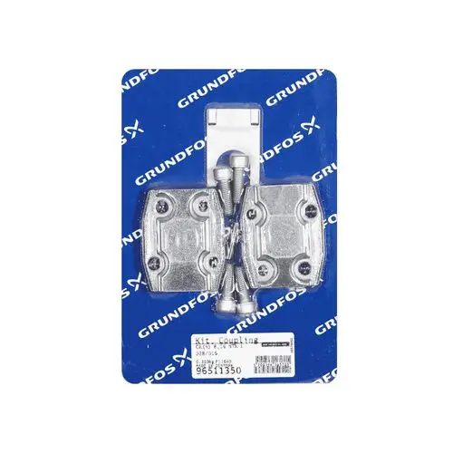 Kupplungsset von Grundfos auf blauer Verpackung. Es enthält zwei metallische Kupplungsstücke und Schrauben zur Montage. Ideal für Pumpenanschlüsse.