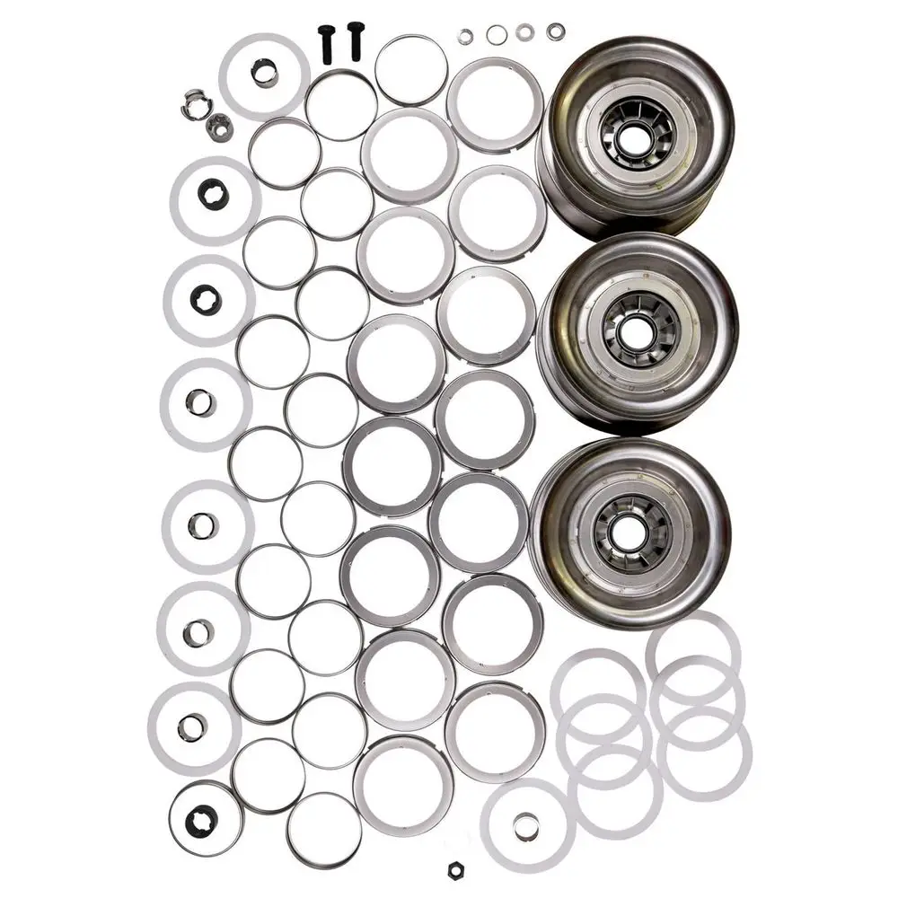 Ersatzteilset von Grundfos, bestehend aus mehreren Metalldisks, Dichtungen und Schrauben, angeordnet in einem strukturierten Layout zur Identifikation der Teile.