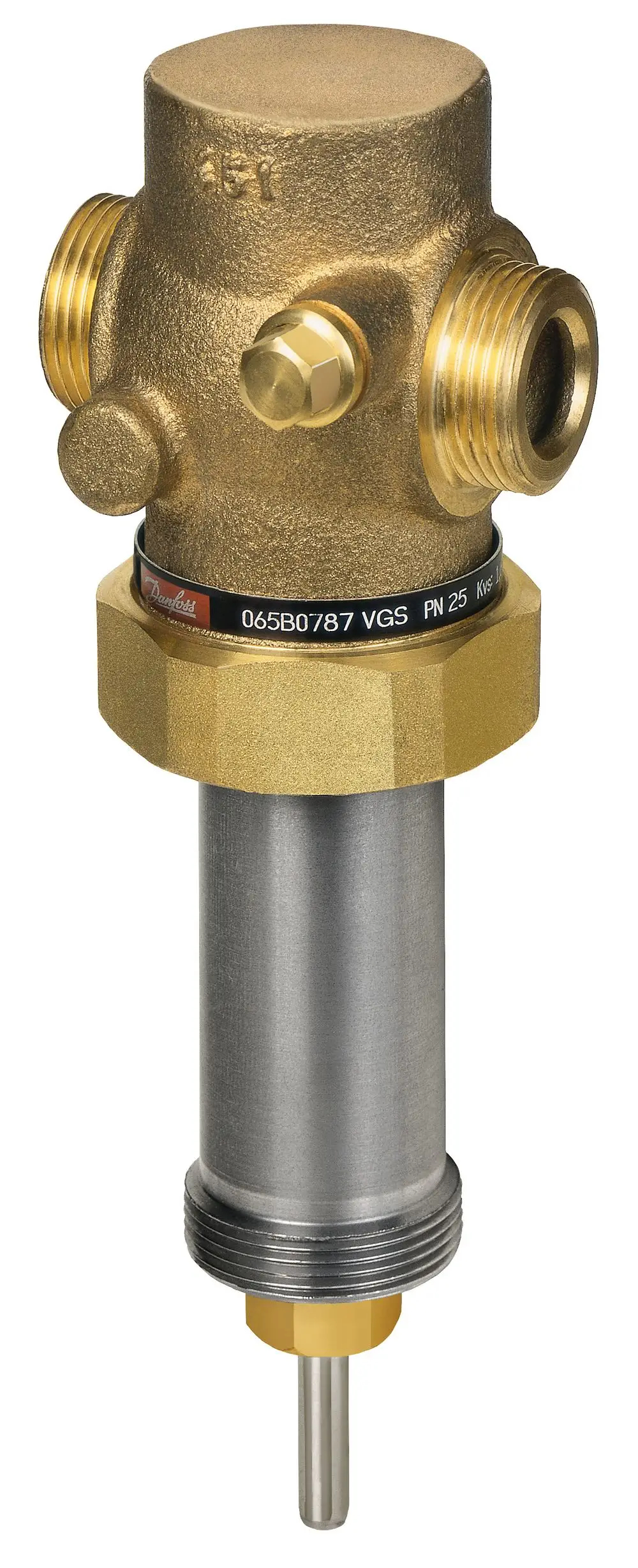 Durchgangsventil mit goldfarbenem Gehäuse und Außengewinde, gefertigt von Danfoss. Zwei Anschlüsse sichtbar, Metalloberfläche.