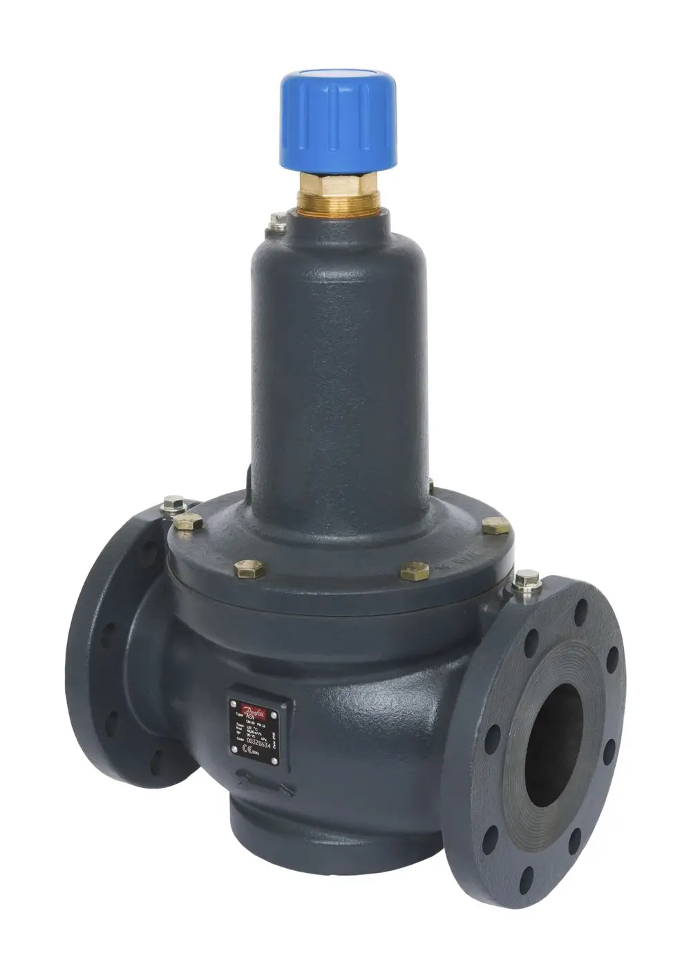Strangdifferenzdruckregler mit Flanschanschlüssen und einem blauen Druckeinstellknopf. Produkt von Danfoss, geeignet zur Regelung des Drucks in Rohrsystemen.