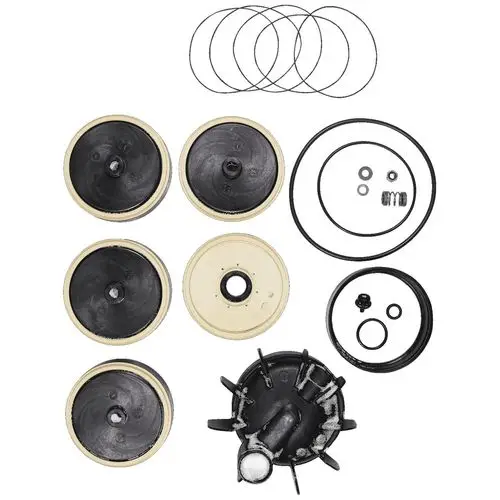 Ersatzteilkit von Grundfos, bestehend aus mehreren runden Gummidichtungen, O-Ringen und einem zentralen Bauteil mit verschiedenen Aufsätzen.
