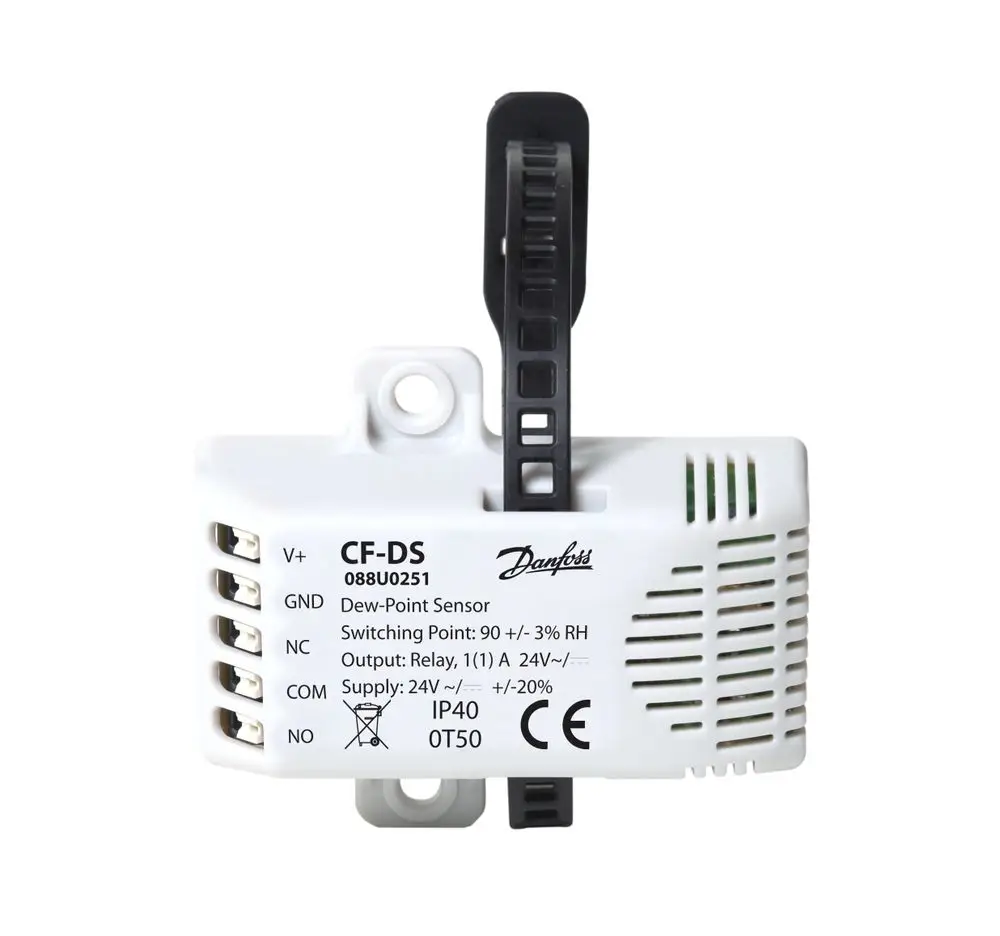 Danfoss Taupunktsensor mit Anschlussklemmen für V+, GND, NC, COM und NO. Technische Informationen sind auf der Gehäusefront abgebildet. IP40 Schutzart.