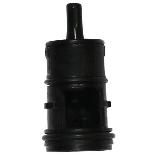 Schwarzes Rückschlagventil aus Kunststoff, geeignet für Pumpensysteme, unter anderem von Grundfos, mit einem Anschlussstutzen und einer Öffnung auf der Vorderseite.