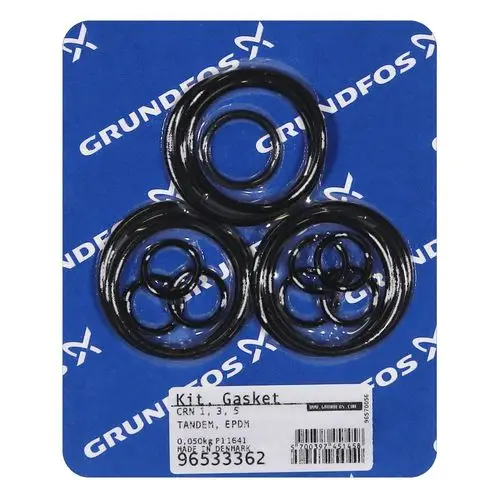 Dichtungen auf blauer Trägerkarte von Grundfos, bestehend aus mehreren schwarzen Ringen, die für den Einsatz in technischen Geräten ausgelegt sind.