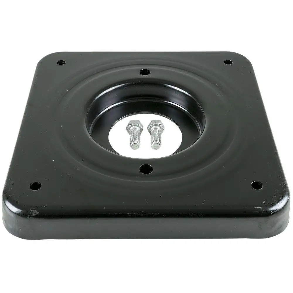 Montageplatte von Grundfos für Trockenläuferpumpen, quadratische Form mit zentralem Loch und zwei fest installierten Bolzen. Oberfläche in Schwarz.